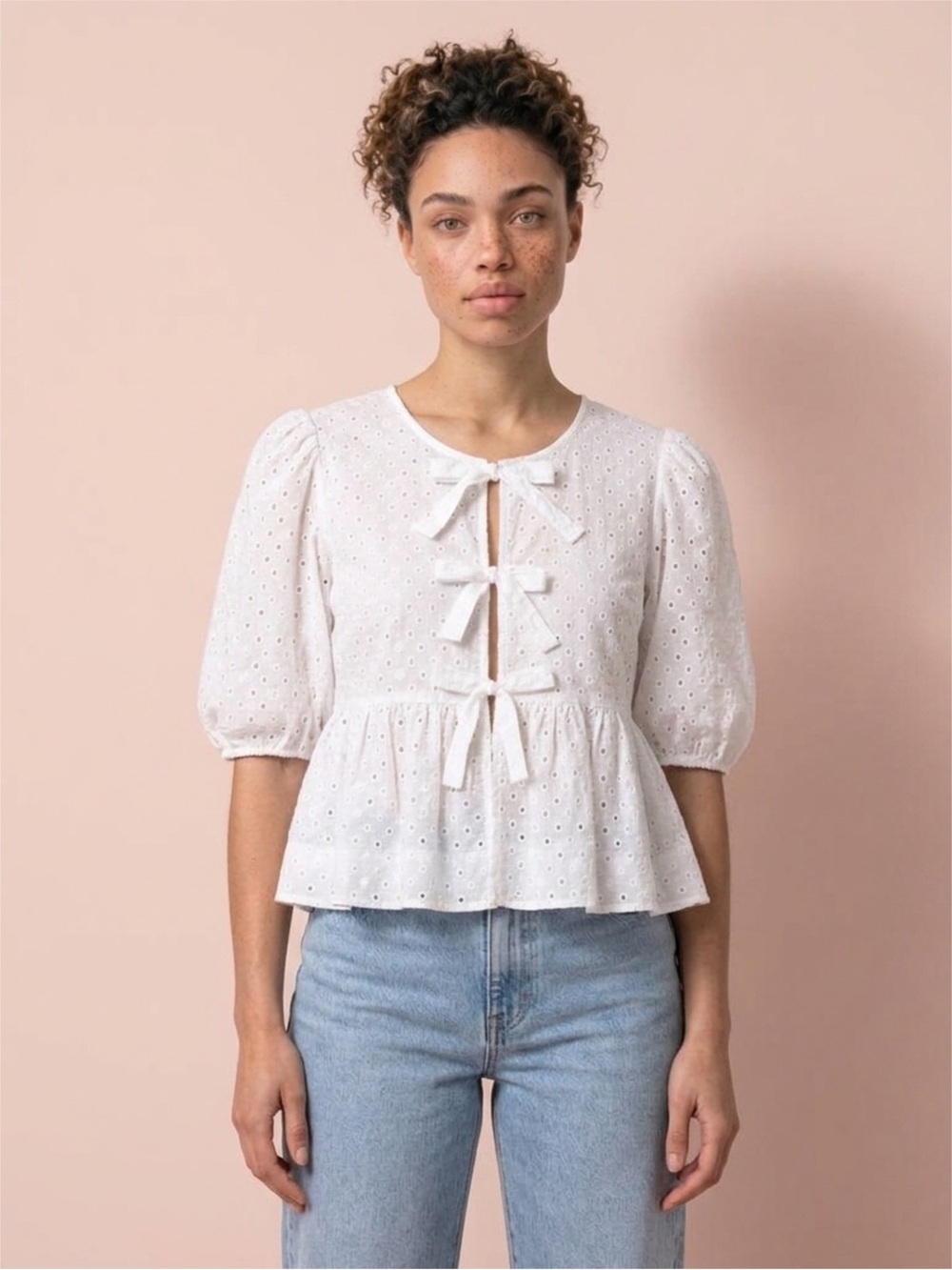 Steve Madden White Eyelet Peplum Tie-Front Blouse